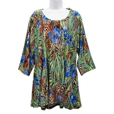 Attitudes by Renee Stretch Knit Tunic Top Pockets Tropical Animal Print 2XP