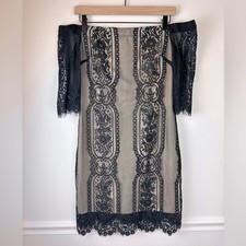 LUSH Off The Shoulder Black Lace Nude Underlay Dress | Large