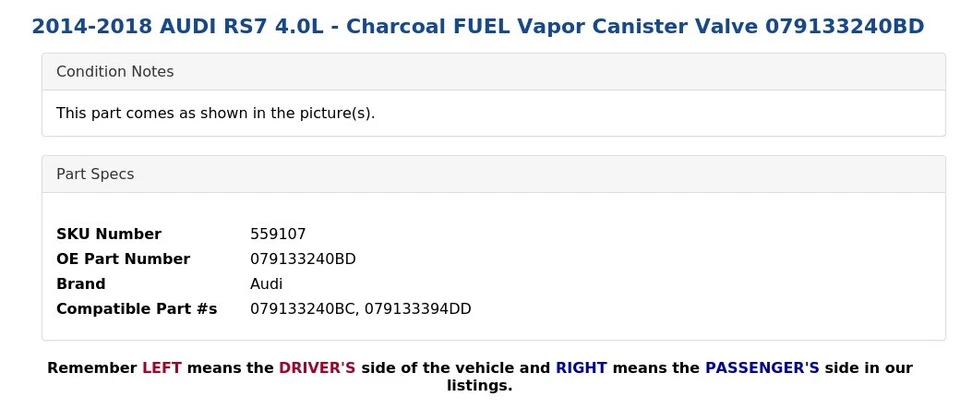 AUDI RS7 2014-2018 4,0 L - Válvula de bote de vapor de combustible de carbón 079133240BD Foto 3 de 4
