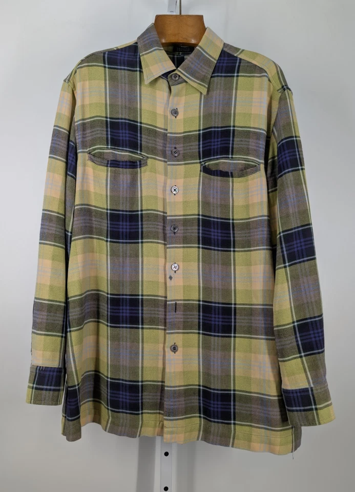 Barney's New York Vintage 90s Y2K Chartreuse Flannel Plaid Grunge 44" USA Cotton - Image 2 of 4