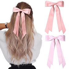 2PCS Silky Satin Hair Bows Hair Clip Pink Hair Ribbon Ponytail Holder Accessorie