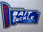 VINTAGE PACIFIC BAIT & TACKLE SHOP W/ FISH 12" METAL FISHING GASOLINE & OIL SIGN