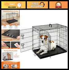 36" Double Door Folding Metal Dog Crate - Medium Wire Cage with Leak-Proof Tray,