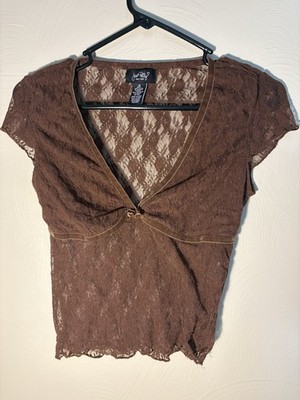 Just Polly Babydoll Lace Top Whimsy Goth Y2K Fairy Grunge Brown Sheer Size M