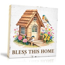 TOUNER Bless This Home Wood Box Sign, Funny Bluebirds Bless New Home Vintage