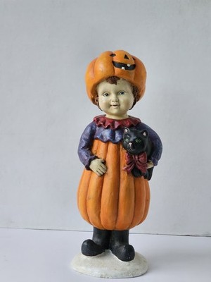 VTG Halloween Figurine Girl In A Pumpkin Custome With Black Cat Collectable Rare