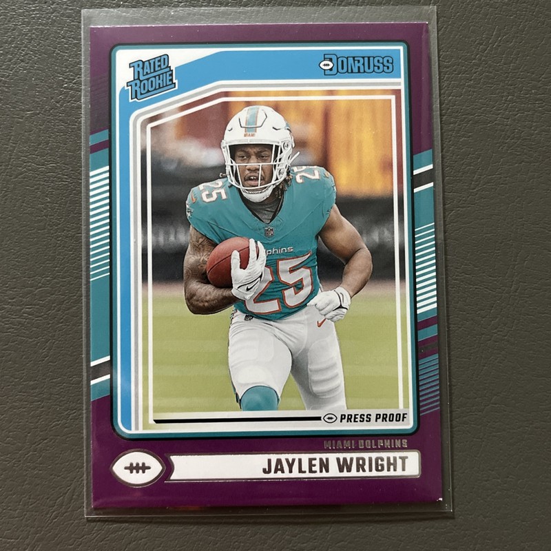 Jaylen Wright Purple Press Proof Rates Rookie 2024 Panini Donruss Miami Dolphins