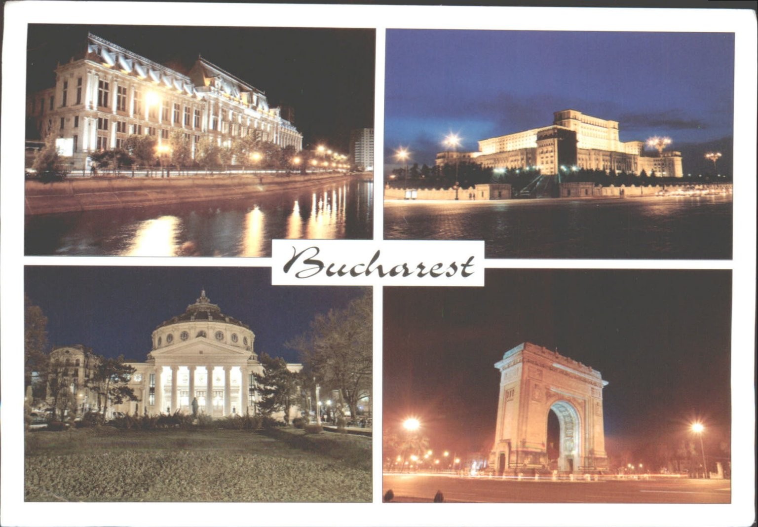 Bucharest Romania Night Scenes Postcard - Parliament Justice Athenaeum Arch