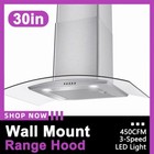 450CFM Wall Mount Stove Vent 30in Range Hood Stainless Steel Tempered Glass New