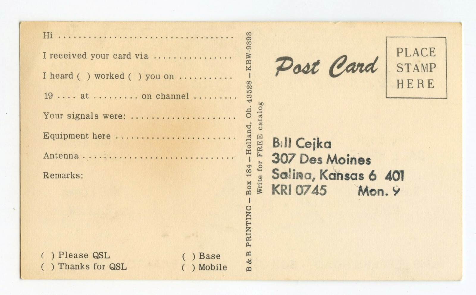 QSL Radio Card From Swanton Ohio KBW 7565