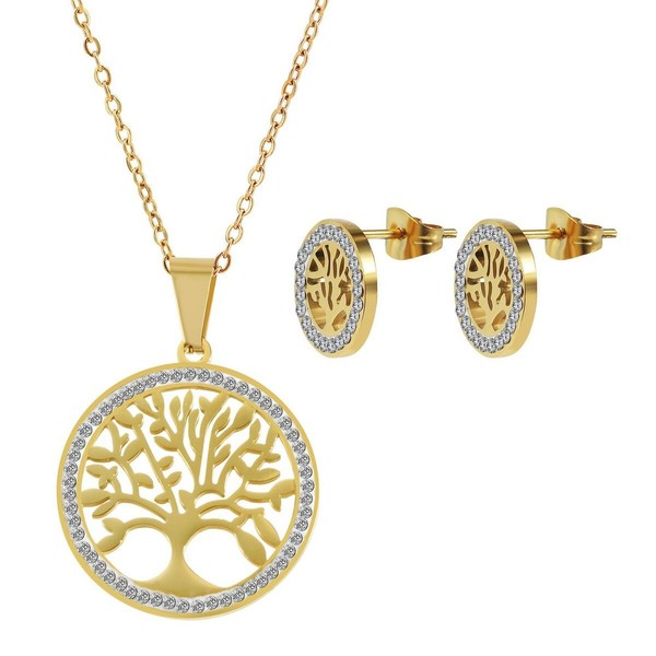 Akzent Damen Schmuckset Kette Lebensbaum Ohrstecker Steine Edelstahl Herz Gold-image