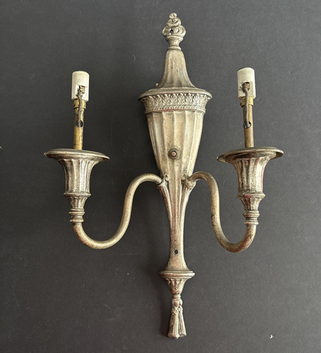 Vintage Pair Louis XV Style Nickel Plated Brass Wall Sconces 2 Arm Ribbon 1911 - 第 1/15 張圖片