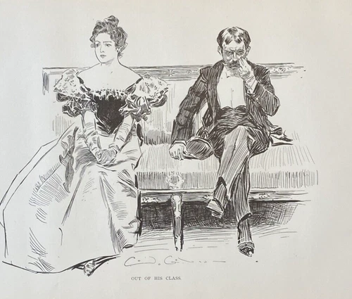 1907 Antique Art Print Man OUT OF HIS CLASS of woman Charles Dana Gibson Girls