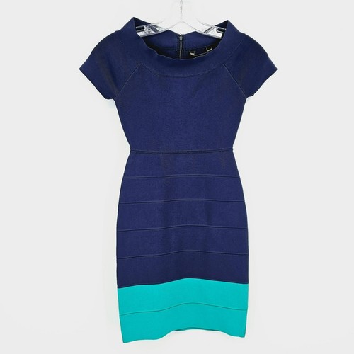 Nuevo Vestido Vaina BCBGMaxAzria Kisha XS Azul Verde Hombro Descubierto Bloque de Color Cremallera - Imagen 4 de 11