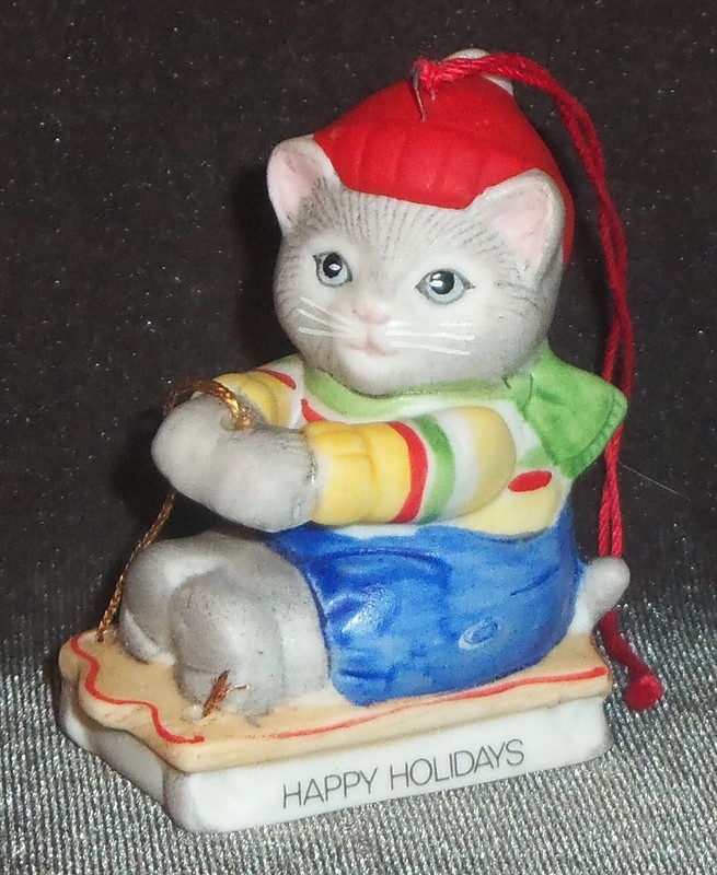 1985 Kitty Cucumber Ornament "Happy Holidays" Cat on Sleigh B. Shackman Schmid