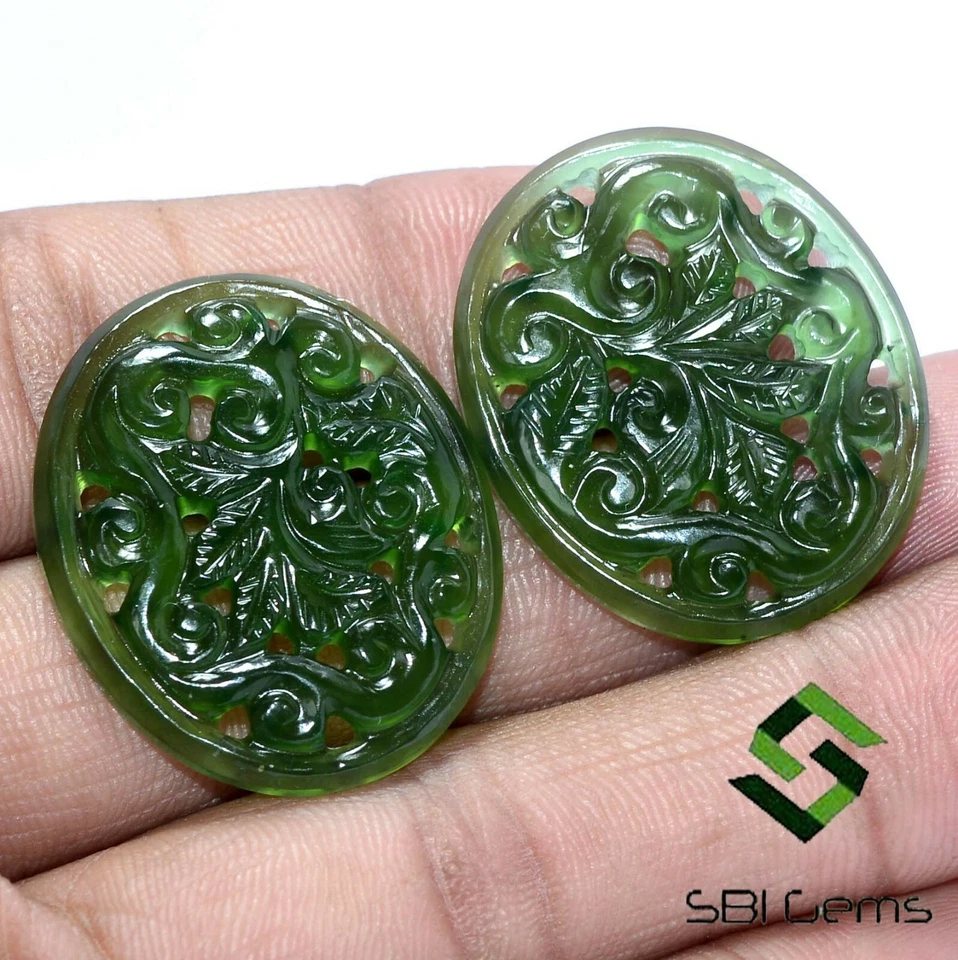 46.12 CTS Natural Serpentine Handmade Carving Pair 30x25 mm Loose Gemstones - Image 2 of 4