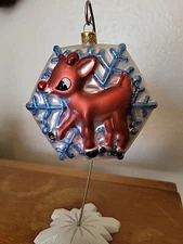 Rudolph The Red Nosed Reindeer Over A Snowflake Glass Ornament 