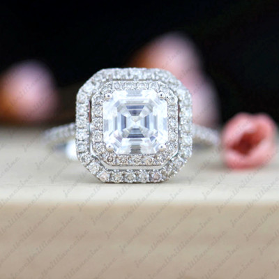 2,98 kt Asscher-Schliff Moissanit Doppel Halo Verlobungsring 14 K Weißgold plattiert