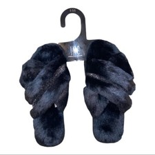 INC Black Faux-Fur Crossband Slippers Slides Women's Extra Large 11-12 New