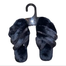 INC Black Faux-Fur Crossband Slippers Slides Women's Extra Large 11-12 New