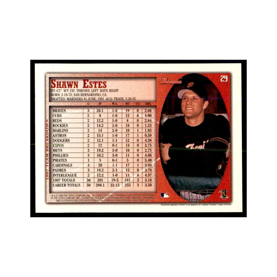 1998 Bowman Shawn Estes Baseball Cards #29 - Image 2 of 3