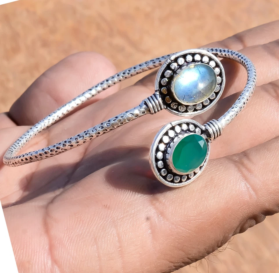 Brazalete brazalete de plata de ley 925 con piedras preciosas de ónix verde de labradorita y última joyería Foto 2 de 4