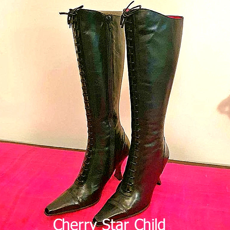 All leather black high Midas boots BNIB 498 zip side red leather