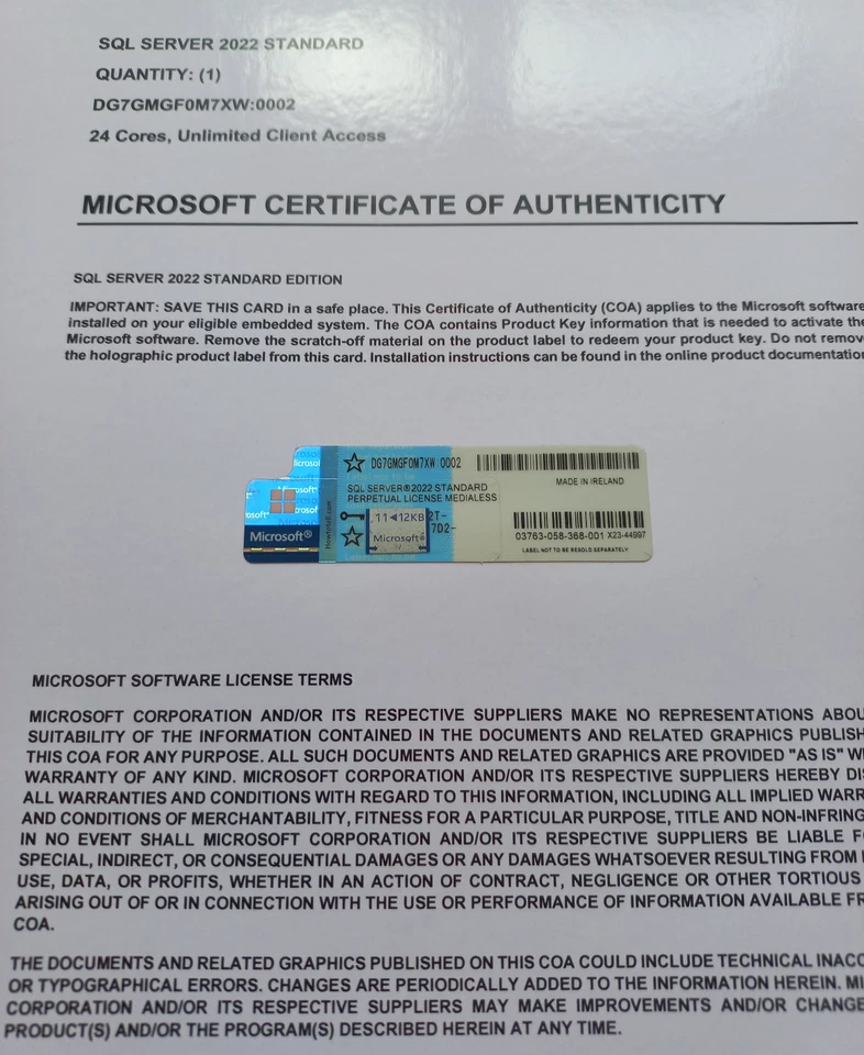 Microsoft SQL Server 2022 Estándar VENTA AL POR MENOR 24 núcleos ilimitado CAL CoA DG7GMGF0M7XW Foto 2 de 4
