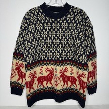 Vintage 90s Eddie Bauer 100 wool nordic fair isle deer mock neck sweater medium