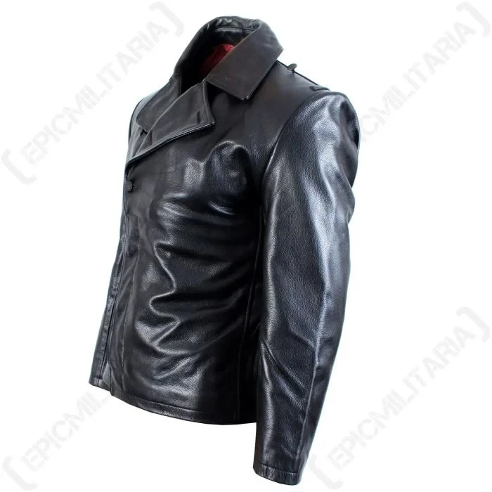 Veste Wrap Cuir Noir Panzer / U-Boat Allemande - Repro Style Uniforme Veste WW2 - Photo 2/4