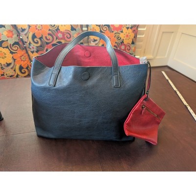 Blue Navy Vegan Leather Reversible Tote Bag Matching Pouch Under One Sky