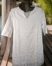 Just Fashion SM Dress White Cotton Blend Lace Embroidered V Neck 3/4 Sleeve NWT