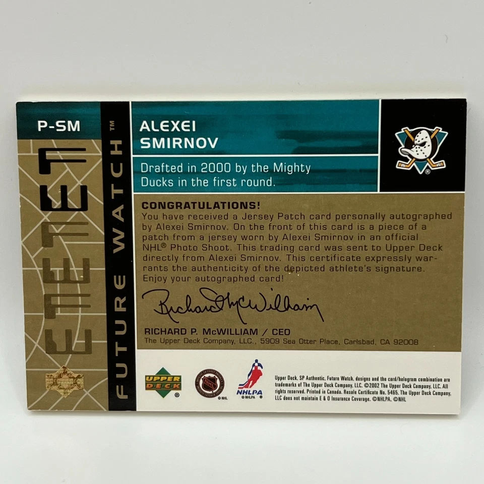 2002-03 SP Authentic Future Watch Auto Jersey Patch Alexei Smirnov #SM /100 - Image 2 of 2