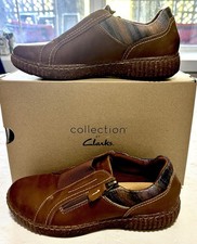 Clarks Women s Size 8W Caroline Cove Slip On Sneakers Dark Tan Leather Shoes