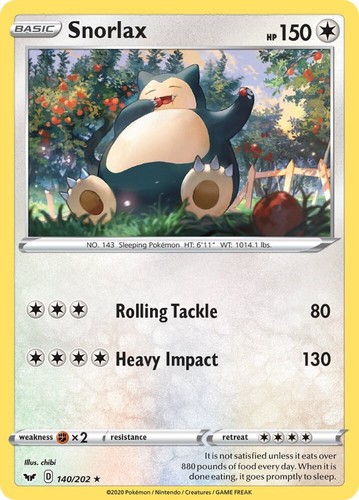 Snorlax 140/202 Rare Pokemon SWSH01: Sword & Shield Base Set NM