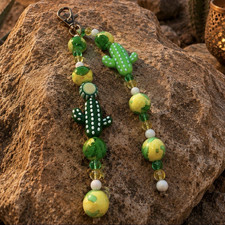 Beaded Cactus Keychain w/ Carabiner Clip - Green Yellow White