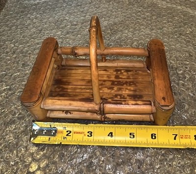 Vintage Handmade Mini Natural Bamboo Basket With Handle Rectangular 6.5  X 4 