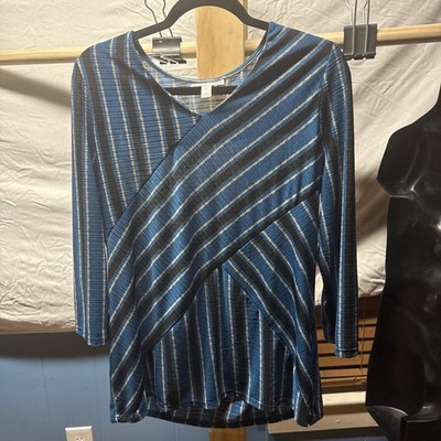 Dana Buchman  Long Sleeve Shirt Blue Stipes Cross Front L
