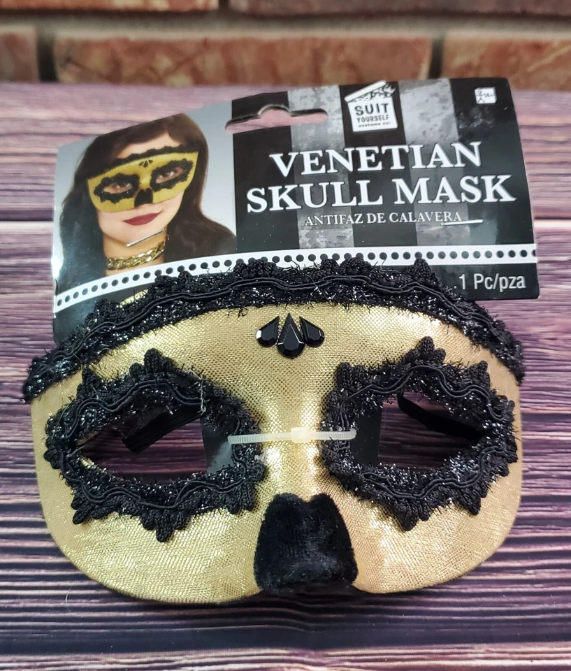 Venetian Skull Mask Halloween Masquerade Mardi Gras Gold Black NEW - Image 2 of 4