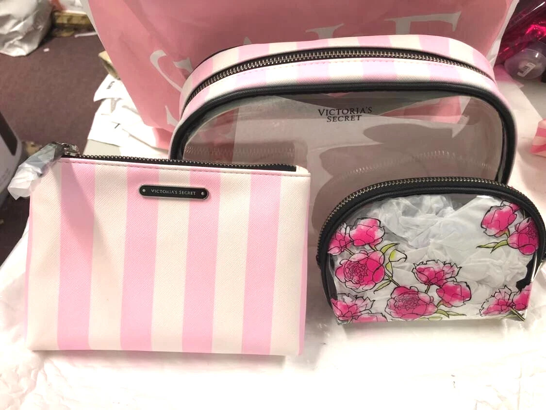 Victoria's Secret Pink Striped Floral Cosmetic Makeup Bag Trio 3 Piece Set  NWT