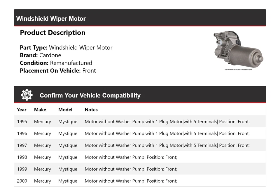 Para 1995-2000 Mercury Mystique limpador de para-brisa motor dianteiro Cardone 1996 1997 - Imagem 2 de 4