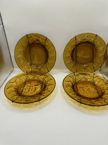 Tiara Indiana Amber Glass Children's Nursery Rhyme Plates VINTAGE Set Of 4