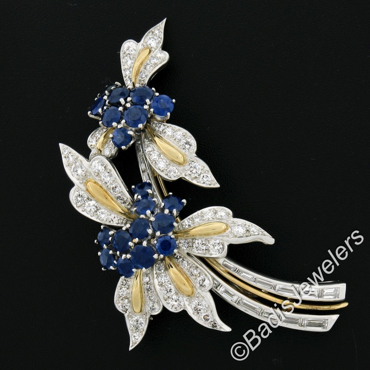 Vintage 18k Gold & Platinum 6ctw GIA Sapphire & Diamond Flower