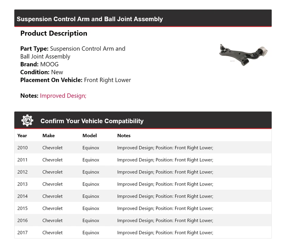 Brazo de control delantero derecho inferior MOOG 2010-2017 Chevrolet Equinox 2010 2011 Foto 2 de 4
