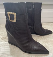 Women Sam Edelman Weslie 2 Buckled Wedge Booties In Coffee Lizard Print Size 8 