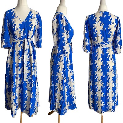 Ottod'Ame White/Blue Cotton Midi Dress with Sash Belt UK 12, 14 RRP £180