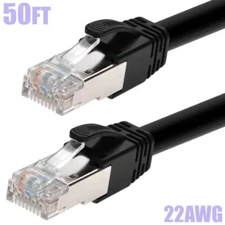 50FT Cat6A RJ45 Network LAN Ethernet PoE Shielded UTP Patch Cable 22AWG Black