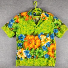 Sears Vintage Green Blue Orange Bright Floral Barkcloth Hawaiian Shirt M 70's
