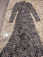 Barlahlsen Women's Leopard Print Mock Neck Ruffle Trim Wrap Hem Dress size S