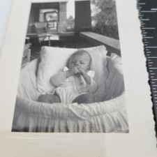 Photo Baby in Wicker Bassinet or Moses Basket Bed 1950s Vintage